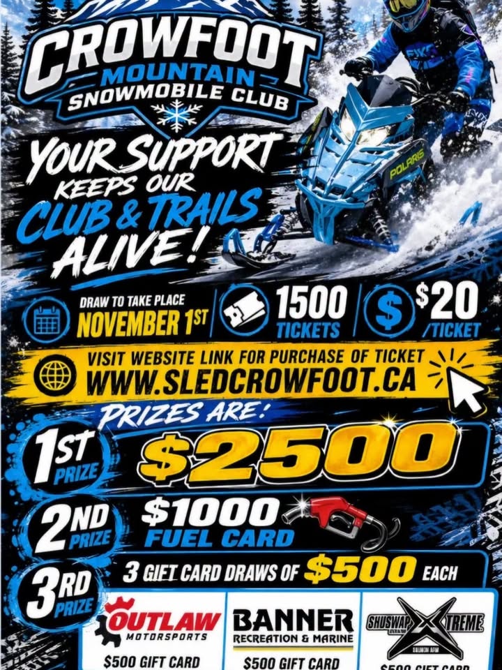 Crow mountain snowmobile club is doing a raffle! Help keep the access and cabins alive and maybe win some prizes. 

It’s one of my favorite places so much so that I put it on my sled wrap! Support the cause

https://rafflebox.ca/raffle/crowfoot-mountain-sc/?fbclid=IwdGRjcATF2i1wZG9mAWZkaWQWUKpbsPi1EwM75ViCVrLAJNJq0SlRJWV4dG4DYWVtAjExAHNydGMGYXBwX2lkCjY2Mjg1NjgzNzkAAR6P6hxXUIwXr4IC3jO7RihYn33Rewl0FpA9s_WBlr0yjirVIxpupJTQXJy4NQ_aem_TYC-mft-AkhiUW6EzPTWzw