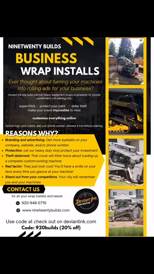 Calling all local landscapers and construction companies! Ever think about advertising on your equipment? Well Deviant ink.Construction and NineTwenty Builds LLC have that covered by you. Email us info@ninetwentybuilds.com to get you started #wrapitbeforeyourideit #deviantink #deviantinkwraps #ninetwentybuilds #construction