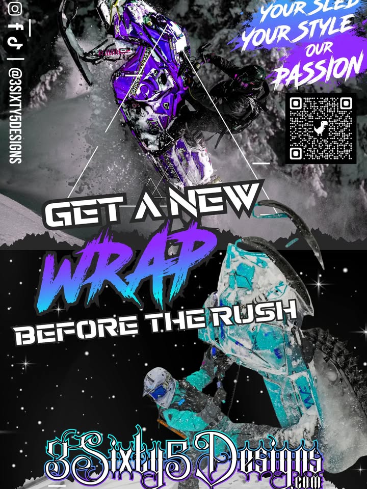 Order your full custom sled wrap by September 15, and you’ll unlock a premium upgrade: Chrome or Metallic Sparkle for half price—$150 off! 

Don’t wait: Get a new wrap before the rush starts. Your sled, your style, our passion. Reach out for you custom style and stand out this season- 
Doing thing Different!! 

#SledWrap
#SlayEveryday
#Ride365
#Sale
#Upgrade