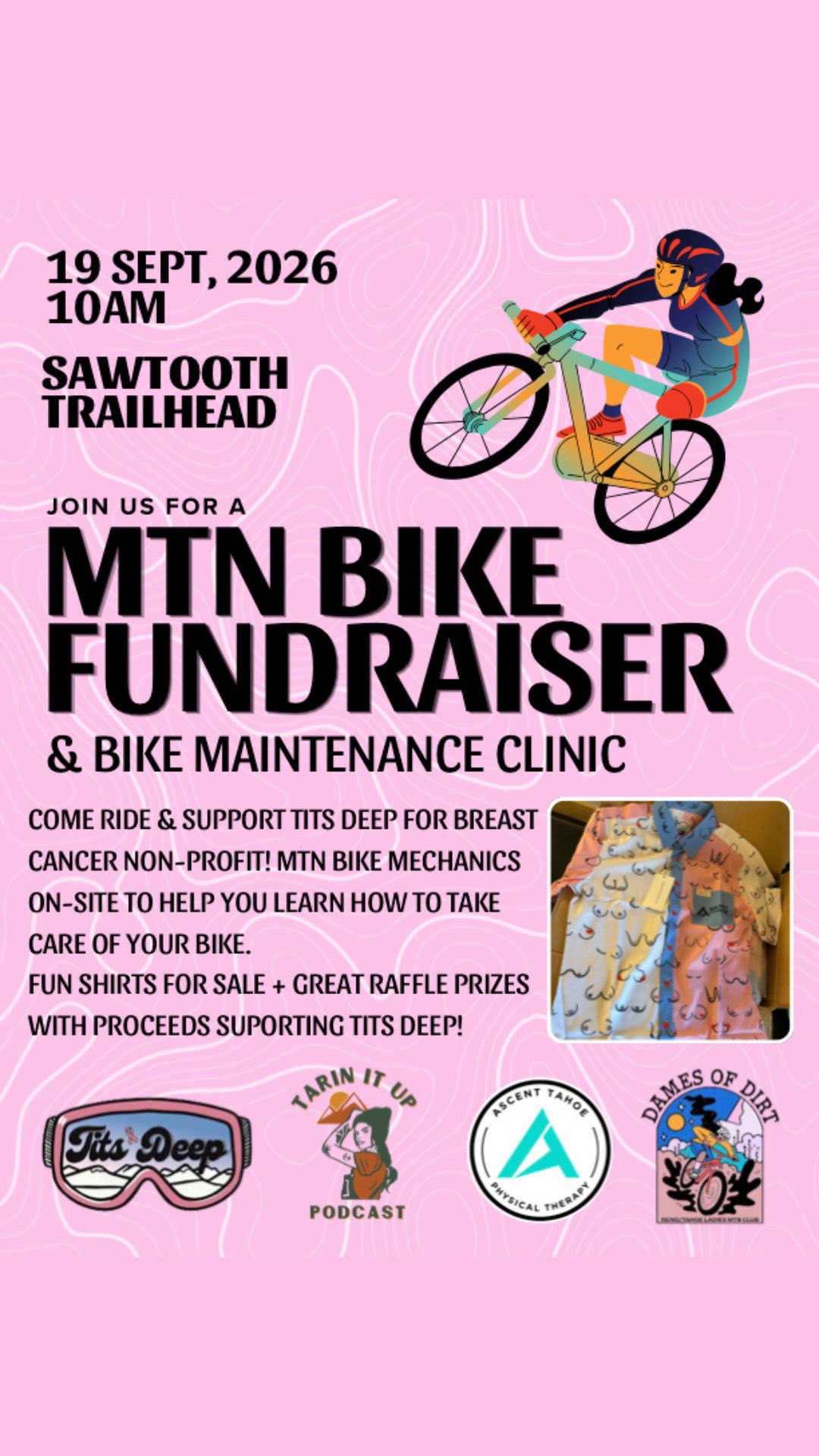 TOMORROW! 

Come ride, learn a few things about your bike, hang out with some rad people and help us raise some money for Tits Deep for Breast Cancer ™️!

This is a FREE event, open to everyone and all levels of rider. No donation or purchase is required to join us.

WHAT’S HAPPENING:
🚲 Bike Maintenance Clinic
Bike mechanics will be on-site to help you get to know your bike a little better, answer questions and share tips for keeping your ride running smoothly.

🤘 Group Ride + Hangout
We’ll be partying and riding with the Dames of Dirt . Come for the clinic, the ride, the hang, or all three.

💗 Fundraising for Tits Deep
Tits Deep for Breast Cancer is a nonprofit focused on breast cancer education, early detection and helping people advocate for their health.

This event is free, but if you’d like to support Tits Deep, you can make a donation at the event. We’ll also have fundraising raffle tickets with 100% of raffle proceeds benefiting Tits Deep and ASCENT TAHOE’s new Boobie print party shirts available for purchase! 

RAFFLE GOODIES 👀
We’ve got a pretty stacked lineup thanks to some seriously generous brands:

⚡ Dynaplug — 3 Racer Pro tire repair tools
🌙 Moonspin Adventure & MTB Apparel — Drift pants, shorts + hat
🧦 SHREDLY — Socks, gloves + two $50 gift certificates
🧢 THE MOTHERSHIP COLLECTIVE ™ — Two corduroy caps + koozies
💗 SWOOP. — Gift certificate for boobie print bra + underwear set
🚲 Swift Industries️️️ — Moxie Top Tube Bag, Gibby Stem Bag + Giddy Up Wedge Frame Bag
💧 bivo — 3 premium insulated stainless-steel cycling bottles
🌲 Wild Rye — $200 gift certificate
✨ Emily Wood — handmade beaded earrings + hat!

100% of raffle proceeds go directly to Tits Deep for Breast Cancer!

Bring your bike, bring your questions and come hang out. You don’t need to know anything about bike maintenance already, that’s the whole point. 🤘 though it’s free, the RSVP in bio helps ☺️