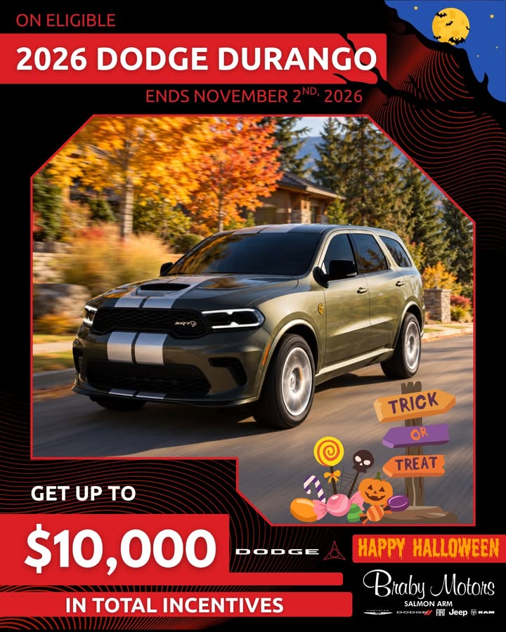 🔗 https://brabymotors.com/inventory-page-new/2026-dodge-durango?ccc=1739473842  

📞 +1 236 900 0202

🔥 GET UP TO $10,000 IN TOTAL INCENTIVES 🔥

Available on eligible 2026 Dodge Durango models at Braby Motors.

Bold power, three-row space, and Dodge attitude make the Durango a strong choice for family drives, road trips, and everyday confidence.

Offer ends November 2nd, 2026. Contact Braby Motors today for details.