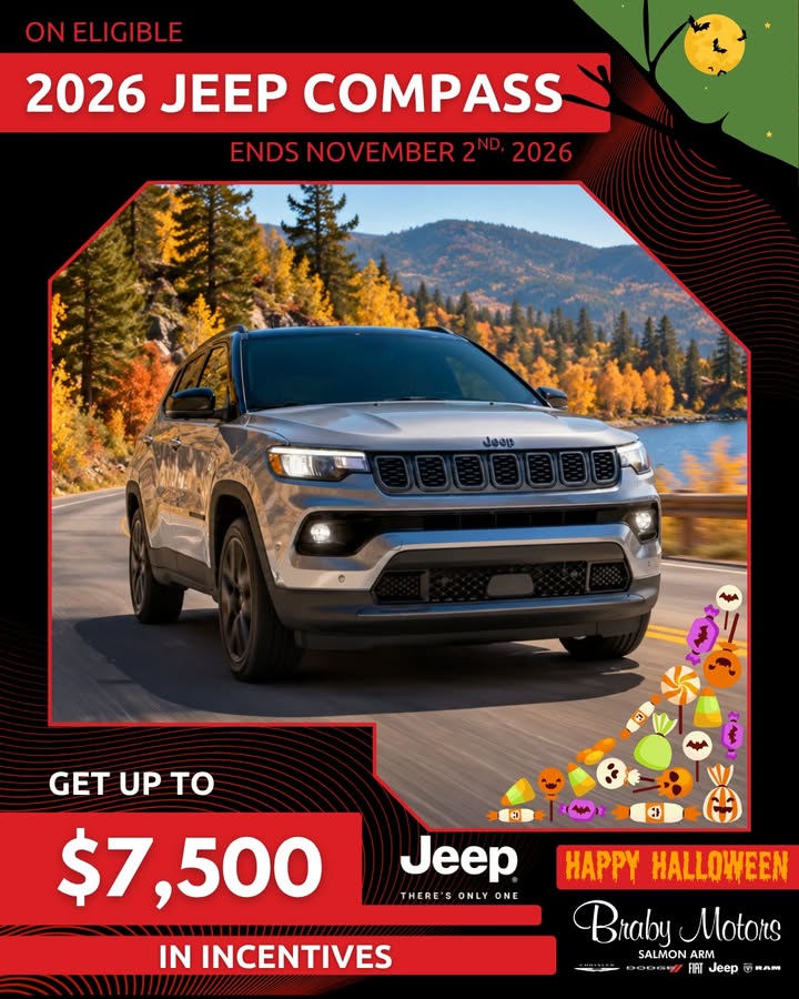 🔗 https://brabymotors.com/inventory-page-new/2026-jeep-compass?ccc=1739473842 

📞 +1 236 900 0202

🔥 GET UP TO $7,500 IN INCENTIVES 🔥

Available on eligible 2026 Jeep Compass models at Braby Motors.

Compact, capable, and ready for fall adventures, the Jeep Compass brings everyday comfort with the confidence of Jeep capability.

Offer ends November 2nd, 2026. Contact Braby Motors today for details.