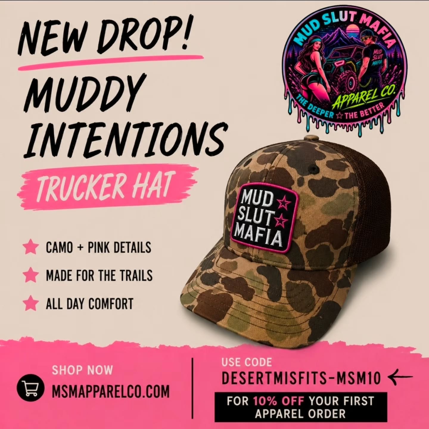 Okay this new Muddy Intentions hat is 🔥🔥 I’m loving the camo with the pink Mud Slut Mafia patch. This one is definitely made for riding days, camp weekends, and hiding the trail hair 😂

If you haven’t ordered from @mudslutmafia yet, go check them out!

🛒www.MSMApparelCo.com

Use my code DESERTMISFITS-MSM10 for 10% off your first apparel order 🩷
