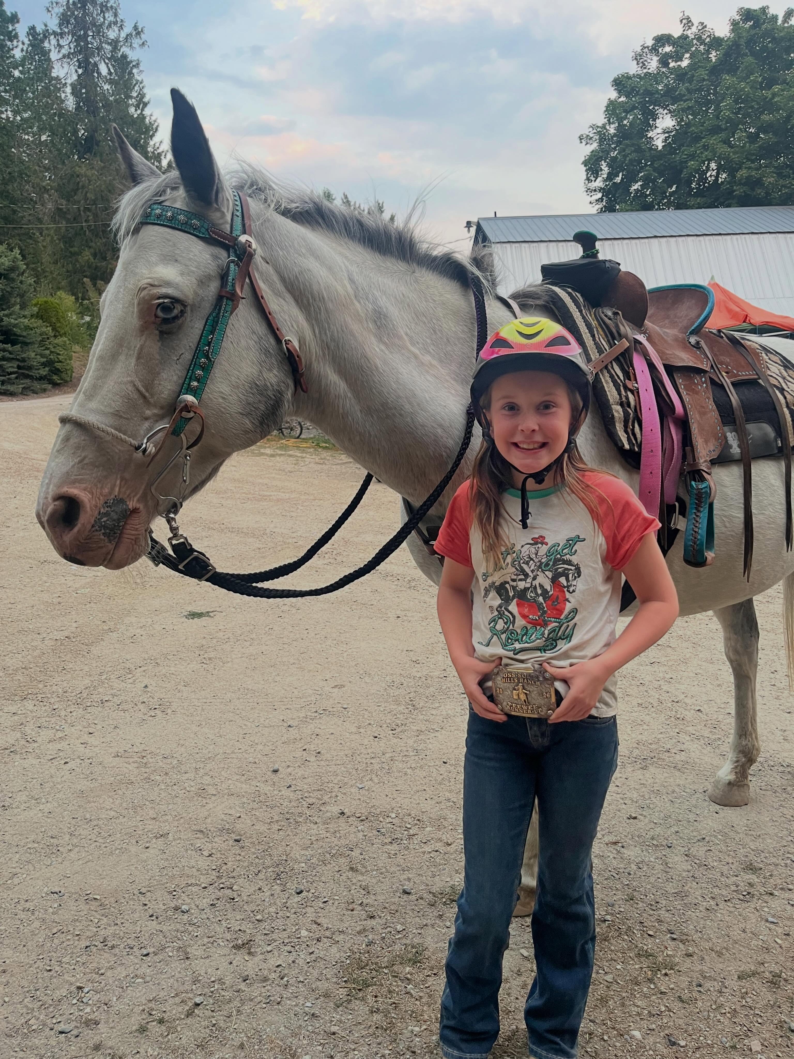 One happy girl showing off her new buckle! 
I can’t thank @c.c.mclean enough for trusting us with Shotzi. The confidence she’s gained and change in her riding has grown so quickly with the grey dragon, we love her dearly and are so grateful to have her in our lives!
Thank you as well to OSS-Some Hills Arena for the fantastic buckle series, and to the sponsors that made the buckles a possibility.