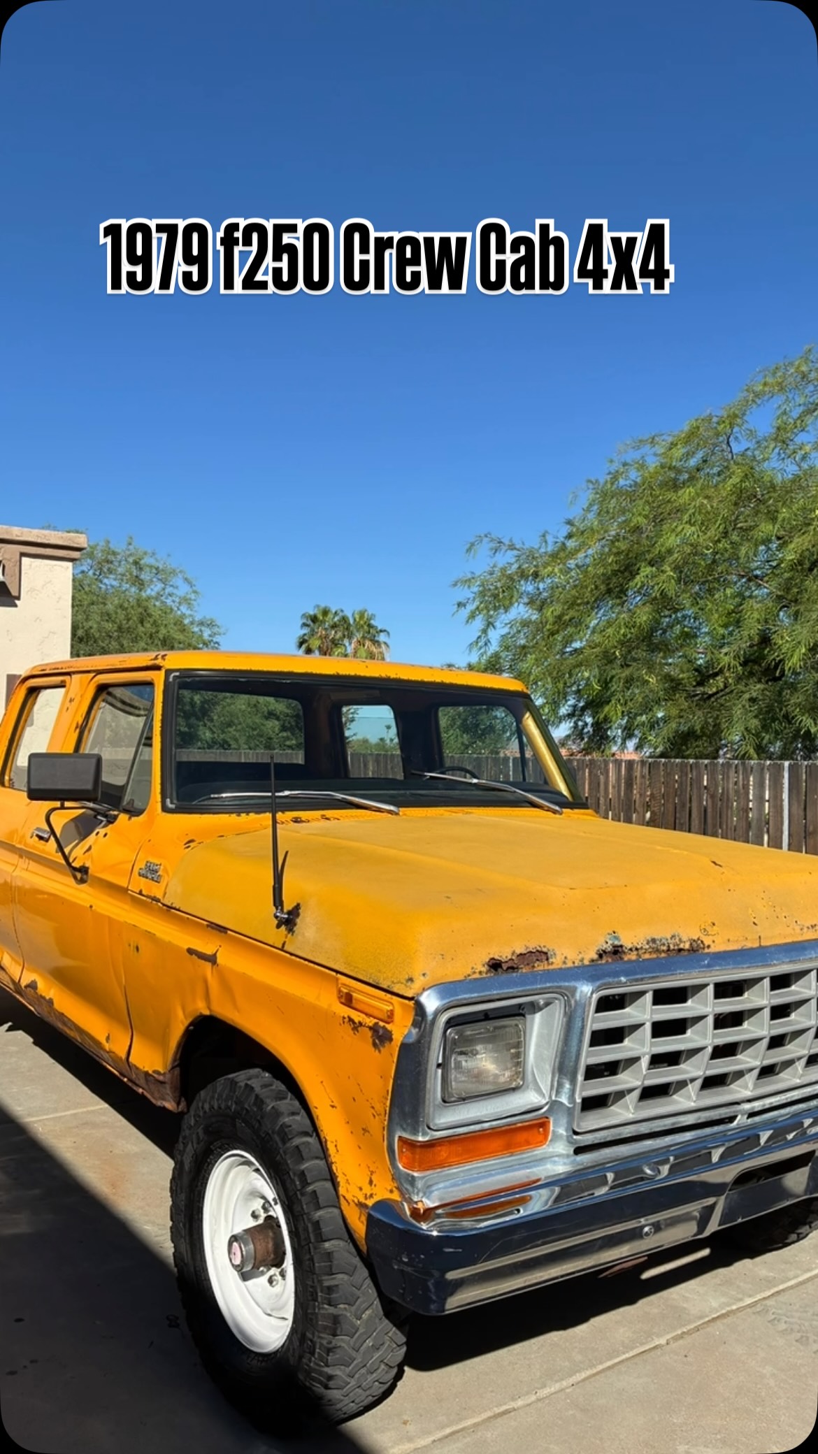 For sale -1979 F-250 Crew Cab 4x4 | 400 V8 | 4-Speed
Solid original crew cab with lots of recent revival work done with room to make it your own. Runs, drives, shifts, and stops good, with working 4WD . Great dentside crew for someone who wants a classic investment without starting from scratch. 
Highlights:
•	real deal original f26 vin crew
•	New starter, battery, tail lights, horn, flashers, turn signal switch, wiper switch, instrument cluster led’s etc
•	New distributor parts, plug wires, and brake booster
•	Fresh motor oil, transfer case and diff fluids
•	New carpet, seat covers, headliner, roof insulation
•	New fuel tank 
•	Original (mostly) yellow paint 
Notes:
•	Some minor rust spots have been repaired and sealed
•	Bed has rust;  covered with plywood to make it usable 
•	ready for you to enjoy with a few finishing touches: rear door panel/window regulator, rear seat belts, sending unit hookup
•	Clean, usable guilt free working class driver with character, not a full resto
$26,500
Located in Arizona 
Full write up and videos etc available. 
#oldfordcrewcabs #dentside #ford