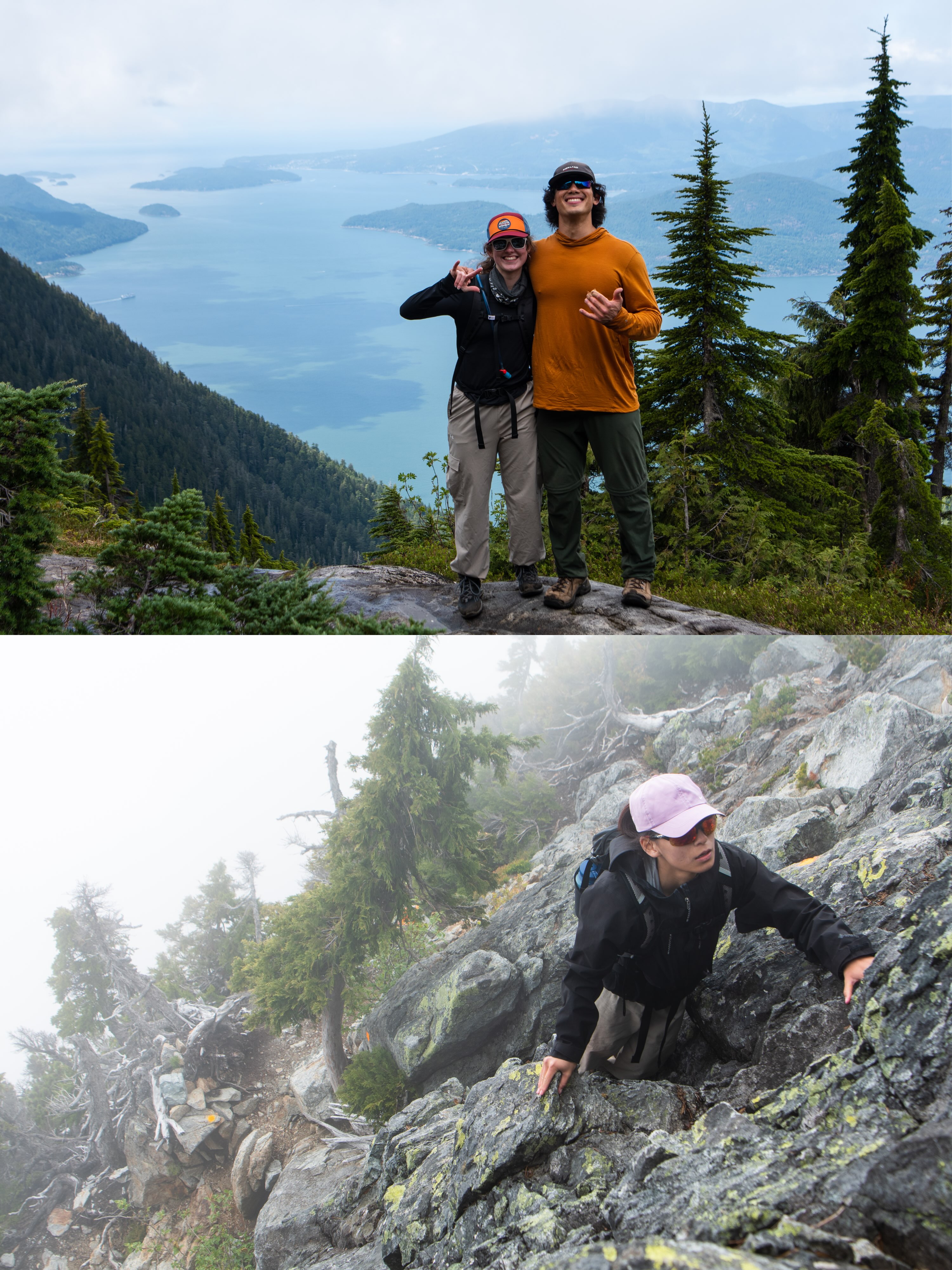 [West 🦁] An elusive peak for me. Across 3 years, I gave this hike 4 attempts. The first 3 attempts were all in the winter and didn’t get very far. The first time I wanted to summit the west lion, I had yet to understand what seasons were and didn’t realize there would be so much snow on the BC coastal range in February. At this point, I could count the number of times I’d seen snow on one hand. On my second attempt, I brought microspikes and gaiters. Again, we did not get very far. On my third attempt, we reached the base of the scramble but decided our snowshoes were not suitable for the icey conditions. 

Alas, on this 4th attempt, I waited for enough snow to melt and reveal the dry scrambling route. The crux of the scramble gave me more anxiety than I was expecting. I’ve spent the last year almost always roped up on tough objectives and rarely faced lethal exposure. It was refreshing to feel nervous again.