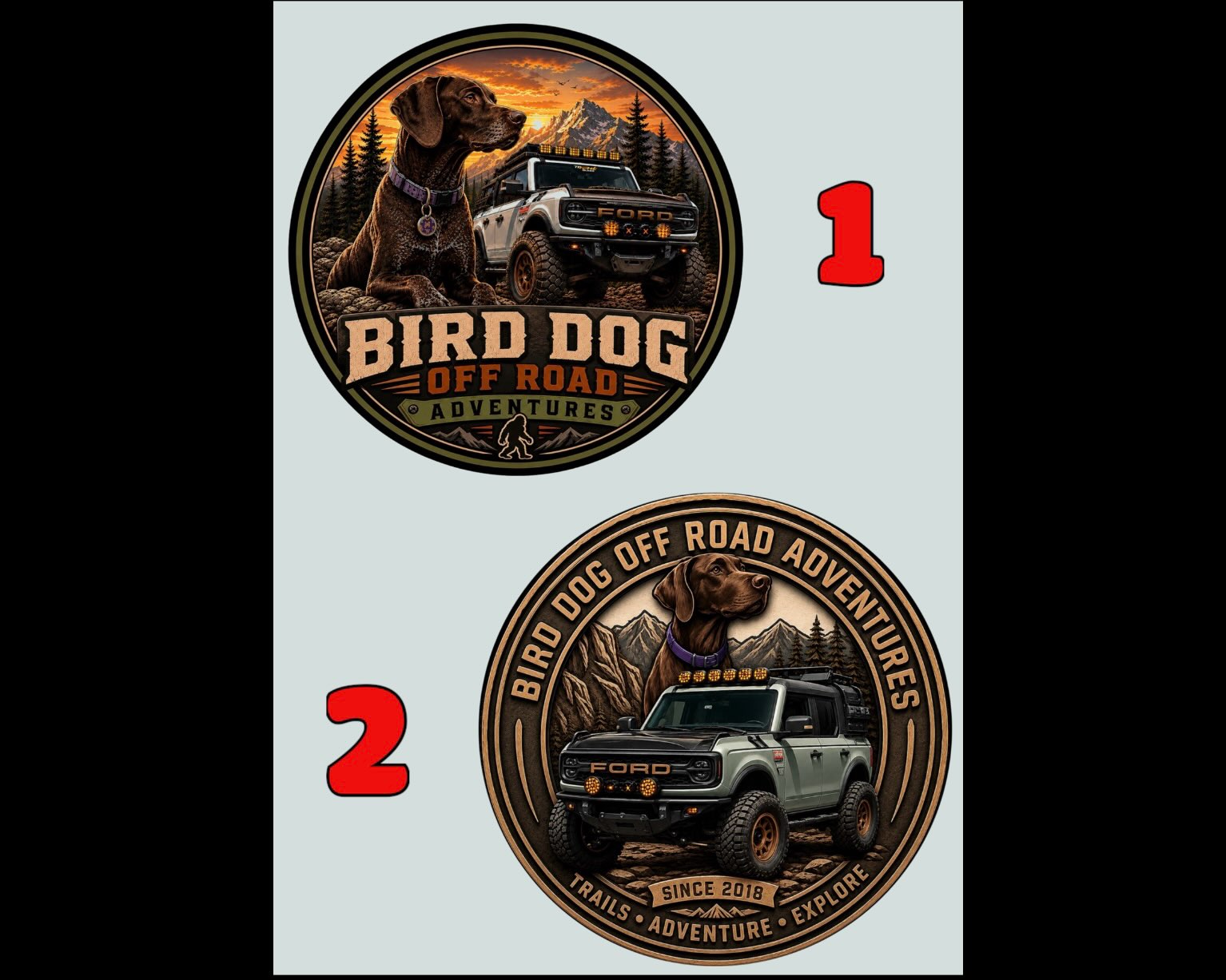 Final around!!!!
Numbers 4 and 6 were easily the top two across IG and FB.  I turned Miley’s head as someone suggested and now it’s down to these two for the new logo!

[○- ʙ ʀ ᴏ ɴ ᴄ ᴏ -○] 

For apparel and accessories: http://www.birddogoffroad.com

Be sure to check out our affiliate links with discount codes at https://linktr.ee/BirdDogOffRoadAdventures #fordbronco #4x4 #offroading