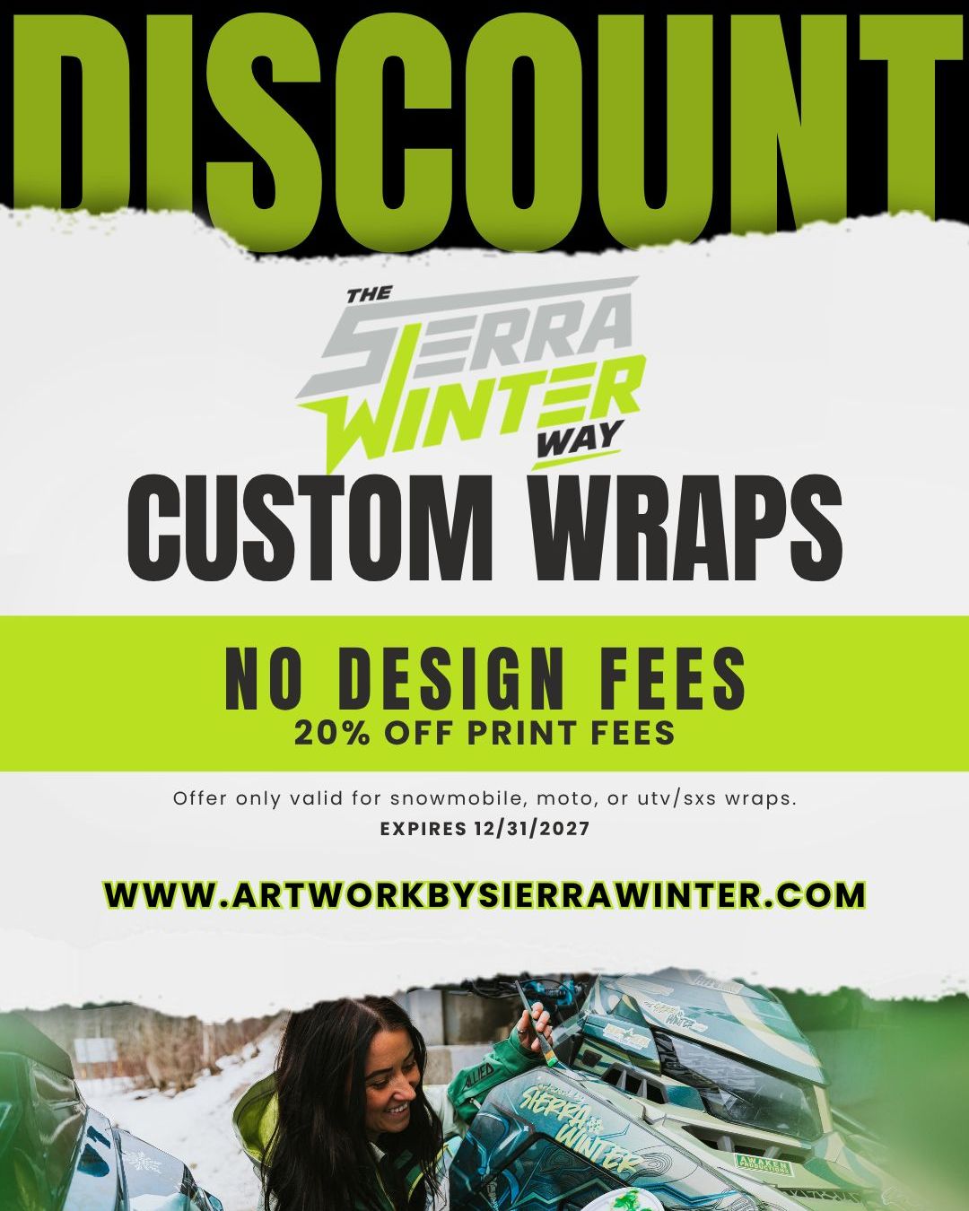 🖤 SIERRA WINTER SUPPORTS

Putting together an event, fundraiser, benefit, raffle or community effort that could use a little extra motivation—or a RAD door prize to help get people involved?

Let me know!

Through Sierra Winter Supports, I'm proud to offer FREE design fees + 20% OFF print fees on motorsport wraps for qualifying causes and events whose mission aligns with mine.

Whether you're raising money for someone who needs a hand, supporting your community, encouraging people to get outdoors, or creating an event that brings people together, I want to hear about it.

I can't support every request that comes my way, but when your mission and mine line up, I'd love to find a way for The Sierra Winter Way to help.

Have something coming up? Reach out and tell me about your cause. 🖤