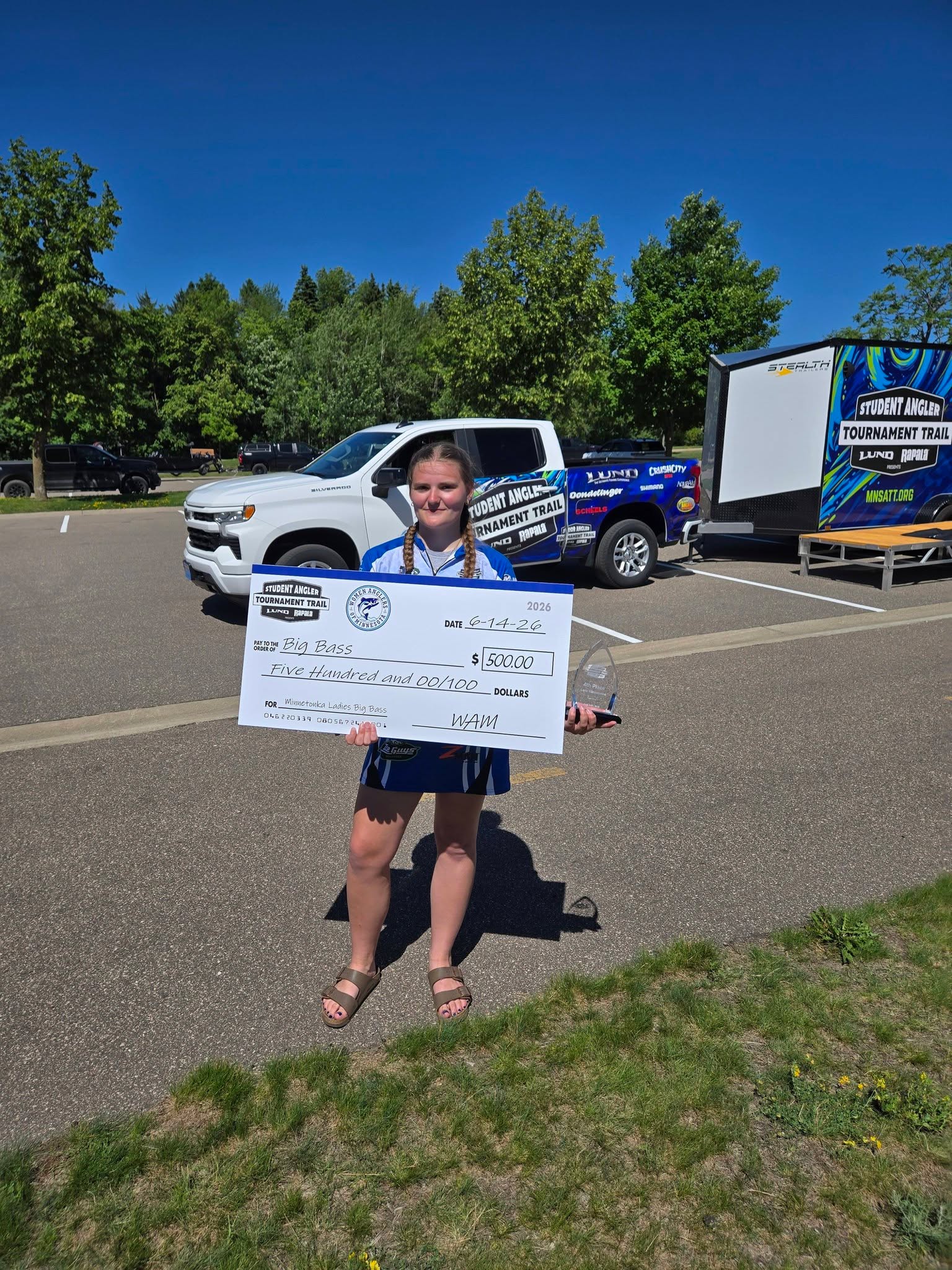 Allie Larkin and her fishing partner Gavin fished their 3rd SATT (Student Angler Tournament Trail) bass tournament of the season on lake Minnetonka today. They took 4th place against 204 other Minnesota highschool teams. Allie also won the women's big bass and a $500.00 scholarship from Woman Anglers of Minnesota (WAM)