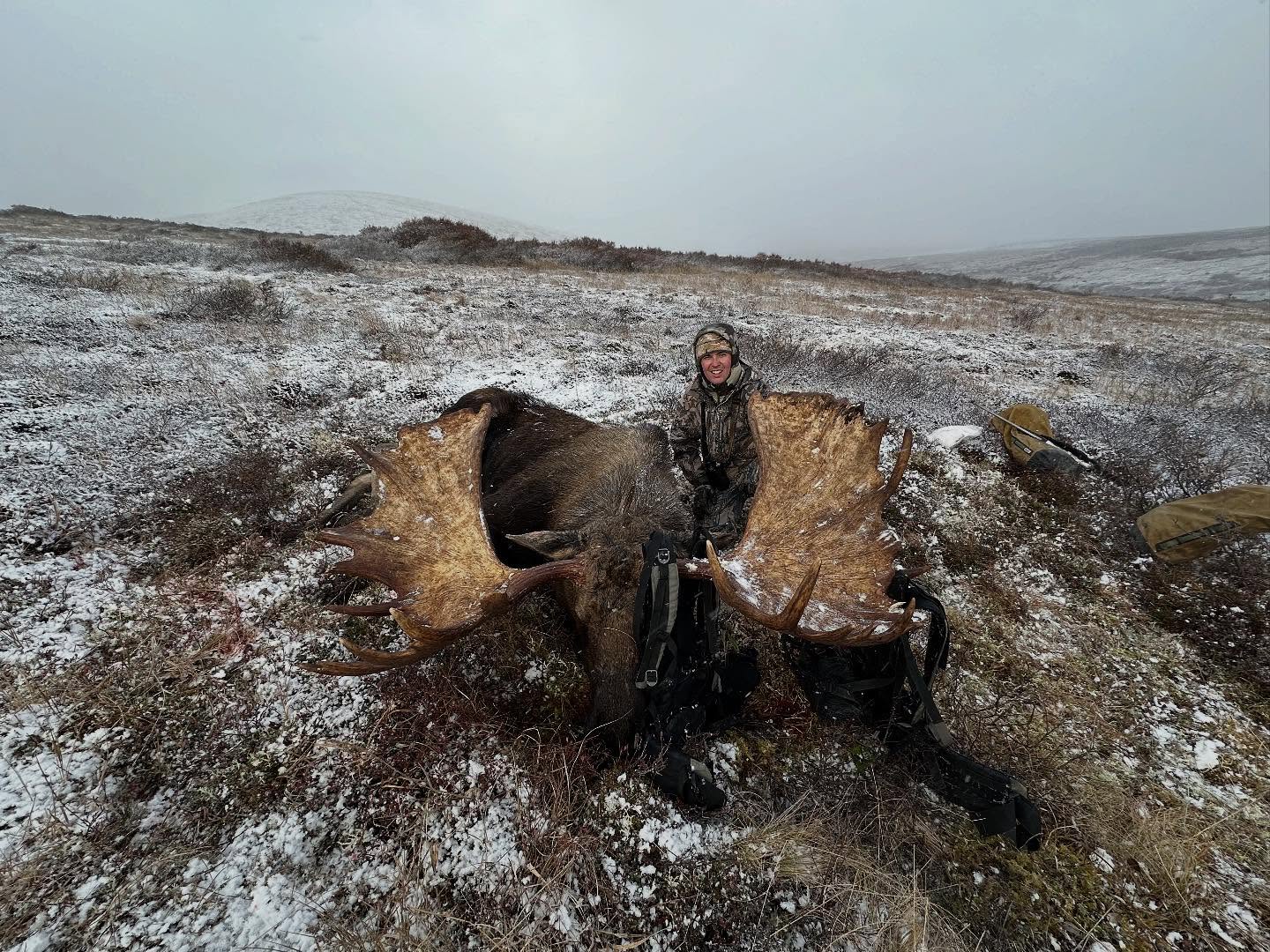 After our first attempt of getting a moose was a bust.. couple days later Matt couldint stand coming home with nothing and said figure out work we are going again. Then we found this absolute unit, we deemed it operation plywood. We got what we came for. Skipped getting a bull in the 60s and went straight to the 70s. Ton of work packing up hill to the plane but well worth it. Can’t thank Matt enough for making this happen!