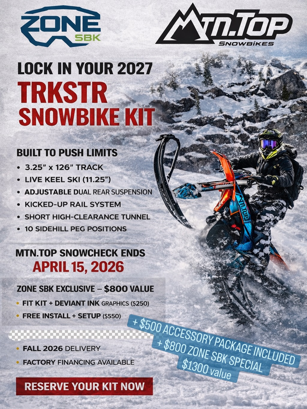 🤘🏼🤘🏼WHAT A WEAPON 💪🏼💪🏼

I got to spend two full days on the NEW MtnTop TRXSTR Snowbike kit. It is truly a game changer. It makes every aspect of snow biking fun. From the trail ride in, to rallying through the trees, climbing up steep terrain or just wanting to wheelie around. Being able to do bow ties and re-entries have never been easier.

@mtntop.sb Snow check ends April 15, 2026 reserve yours now!! 

2027 TRKSTR SNOWBIKE KIT
TRKSTR is designed for snowbikers who want more capability. From riding wheelies and throwing tricks all day long, to hitting jumps and pillows, riding cut-blocks, or tearing up meadows and ripping high-speed corners, TRKSTR delivers an extreme fun factor without needing steep and deep terrain to make the ride exciting.

The TRKSTR is a purpose-built machine for progression.

Built with an aggressive 126” track featuring massive 3-1/4” paddles, TRKSTR provides instant traction and lift. The kit features plush dual rear suspension and a kicked-up rail system that makes the package feel shorter—more like a 100” track. This design reduces tail drag for easier cornering while the unique rail shape allows the ski to lift quicker and more predictably.

The shortened tunnel adds clearance and features 10 adjustable mounting locations for SIDEHILL MOTO rear foot pegs, allowing riders to dial in their setup for wheelies and tricks.

NOTE: @sidehillmoto rear pegs are included with TRKSTR kits.

The TRKSTR snowbike kit converts a full-size dirt bike into a snowbike built for extreme riding. It fits modern 250cc–500cc dirt bikes from all major manufacturers.

https://youtu.be/exsOXaMdd04