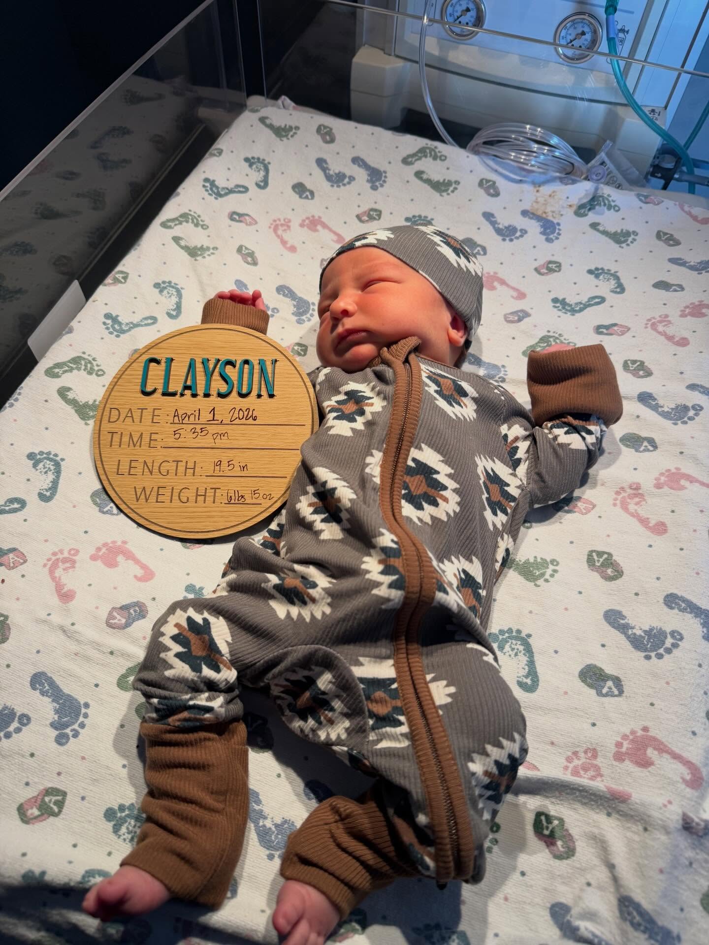 Clayson Jackson Rogers, 4/1/2026. Super blessed to bring home our new little best friend today. Blessed to have a healthy baby and momma. @addiloo.rogers is tougher than a bent nail!