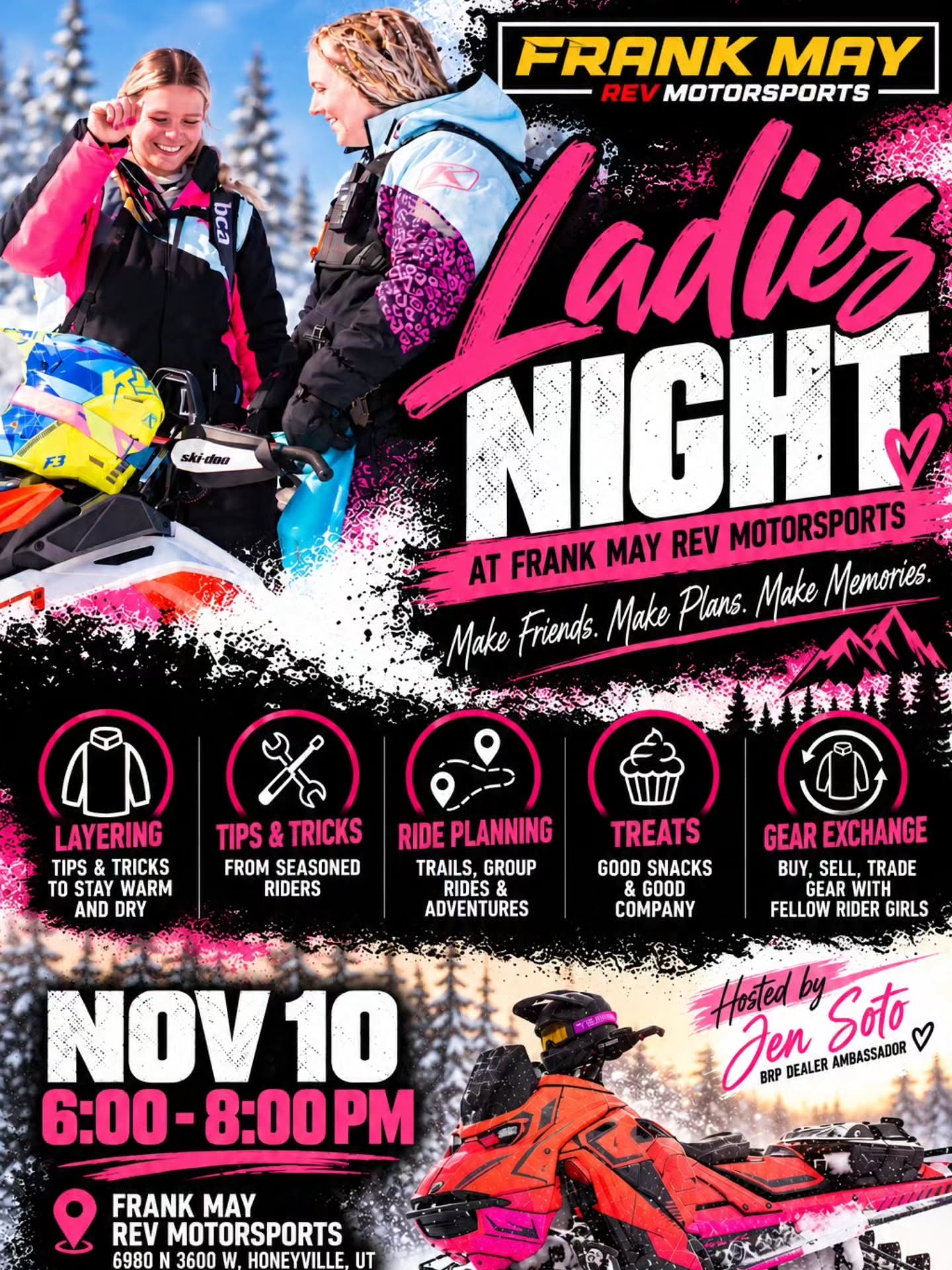 Ladies!!!! ❄️ Save the date!!!! ❄️ Doesn't matter your skill level, or what you ride! Just come hang out, chat tips and tricks, epic rides and epic stucks, and all the best hacks for us gals! Meet some new friends who love this sport!  Bring any gear you'd like to sell or swap!  It's going to be such a fun night, and I may have some goodies and giveaways there too! 😜  See ya there! 

#sledgirls @frankmay_revmotorsports #skidoomountaindivision #snowmobilelife @tempestoptics @oxbowgear