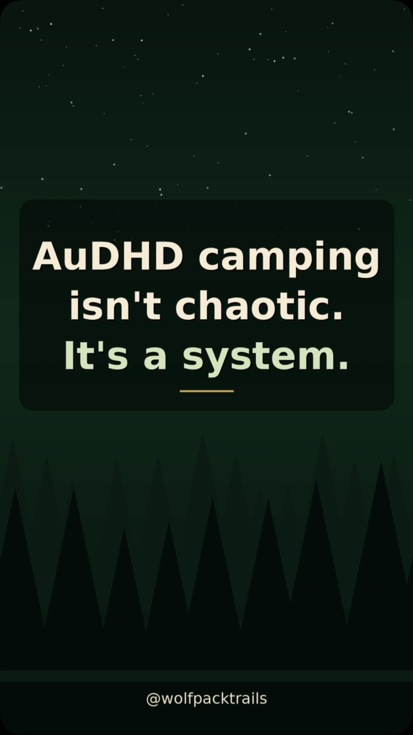 AuDHD camping isn’t messy. It’s intentional.

Predictable setup. Soft light. Clear plans. Rest without guilt.

If you’re neurodivergent and want outdoors that don’t wreck you, you’re not alone.

Come follow the adventures.

#AuDHD #ActuallyAutistic #AccessibleAdventure #Overlanding #Neurodivergent Camping