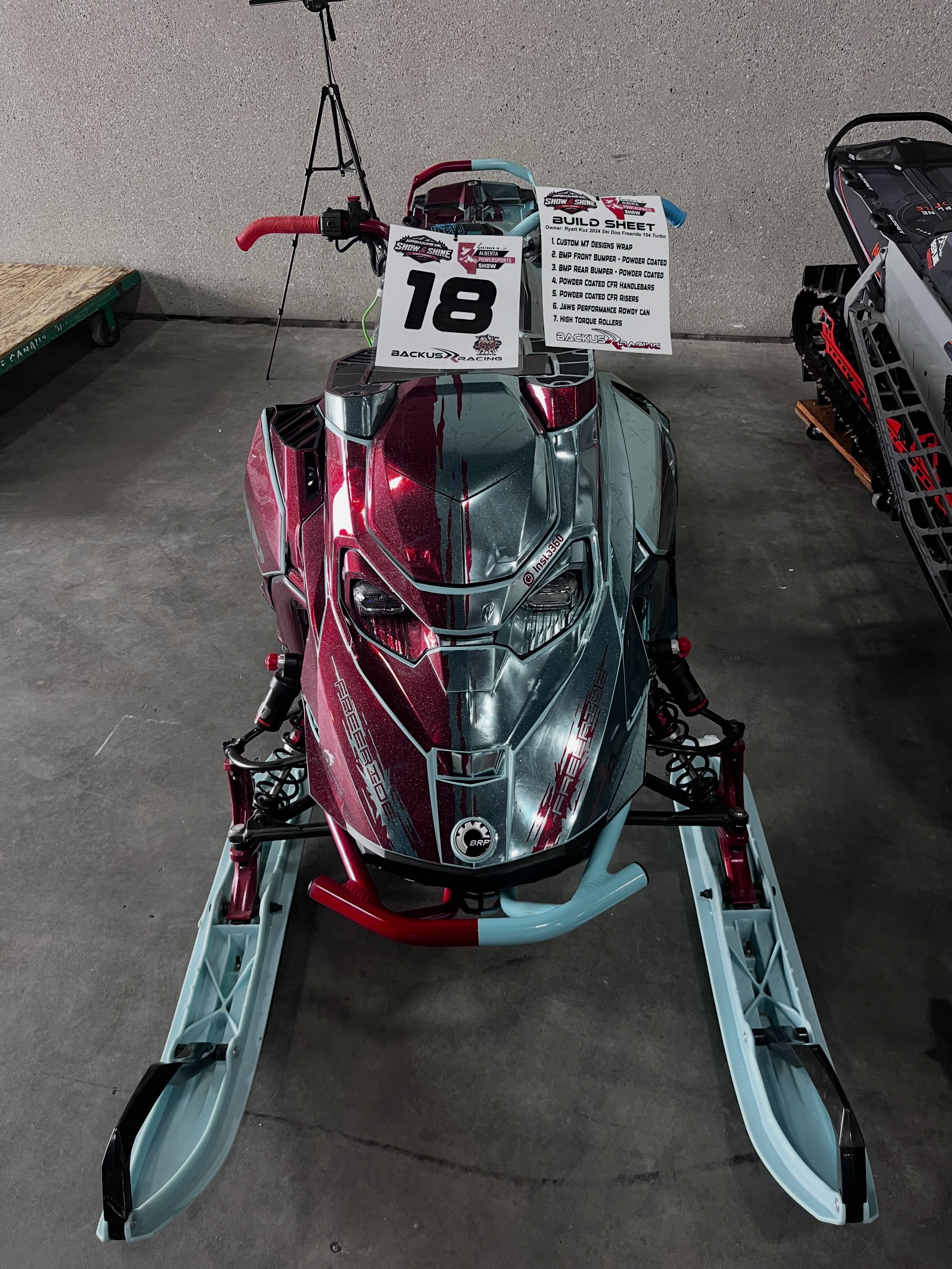 And that’s the build.  2024 @skidoo freeride 850 turbo 154 from @martin_motor_sports  @m7_designs wrap  @backwoodsbmp front and rear bumpers  @cheetah_snow bar setup  @jawsperformanceltd rowdy can  @skidoo high torque rollers  Come check it out at the @albertapowersportshow @adrenalineinkwraps show and shine!