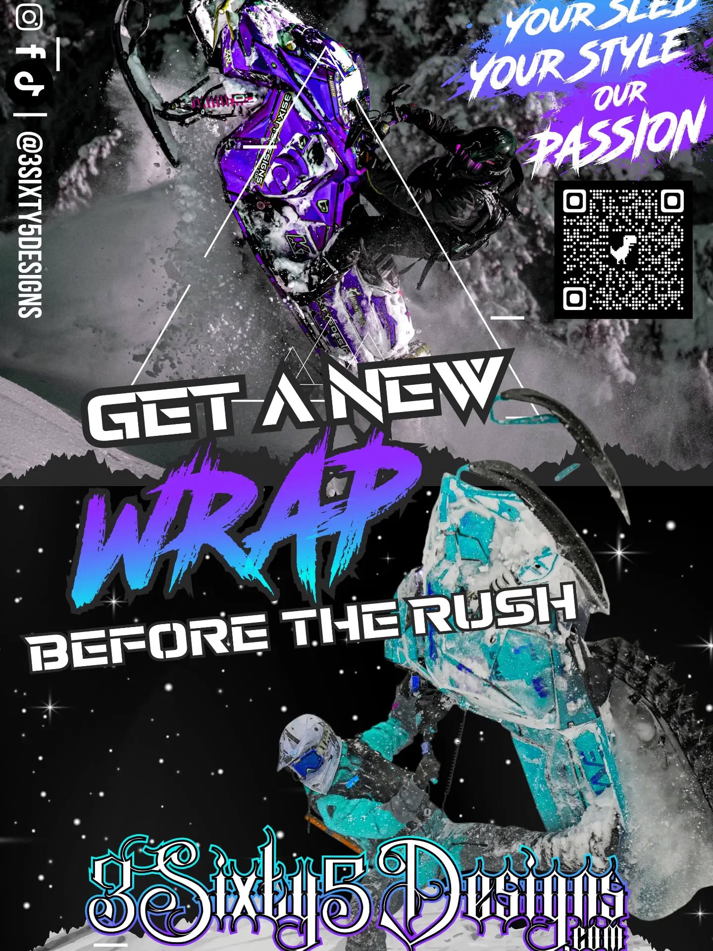 Order your full custom sled wrap by September 15, and you’ll unlock a premium upgrade: Chrome or Metallic Sparkle for half price—$150 off! 

Don’t wait: Get a new wrap before the rush starts. Your sled, your style, our passion. Reach out for you custom style and stand out this season- 
Doing thing Different!! 

#SledWrap
#SlayEveryday
#Ride365
#Sale
#Upgrade