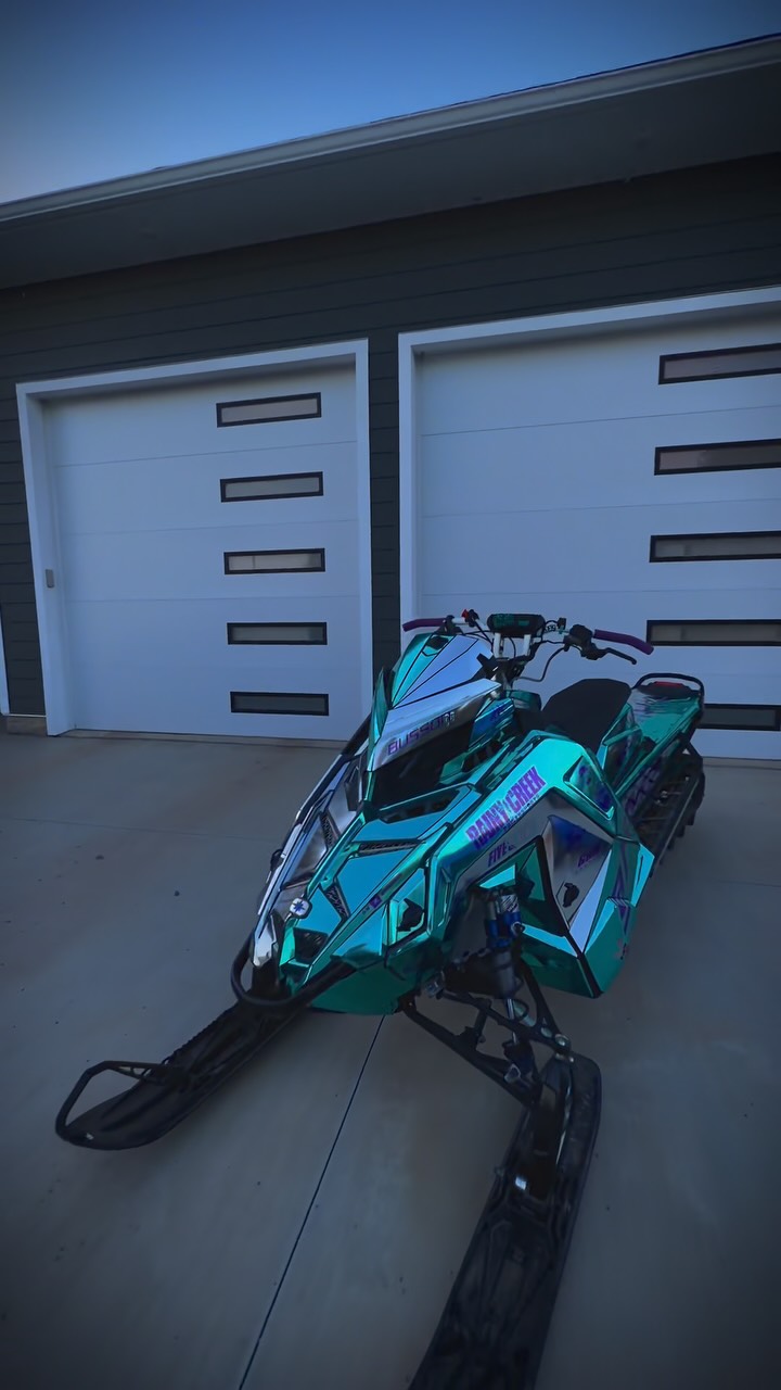 Pretty stoked about how this @rainy_creek 9R is turning out. @m7_designs wrap looks damn sharp🤯#rainycreekpowersports #m7designs #polarissnowmobiles #revelstoke