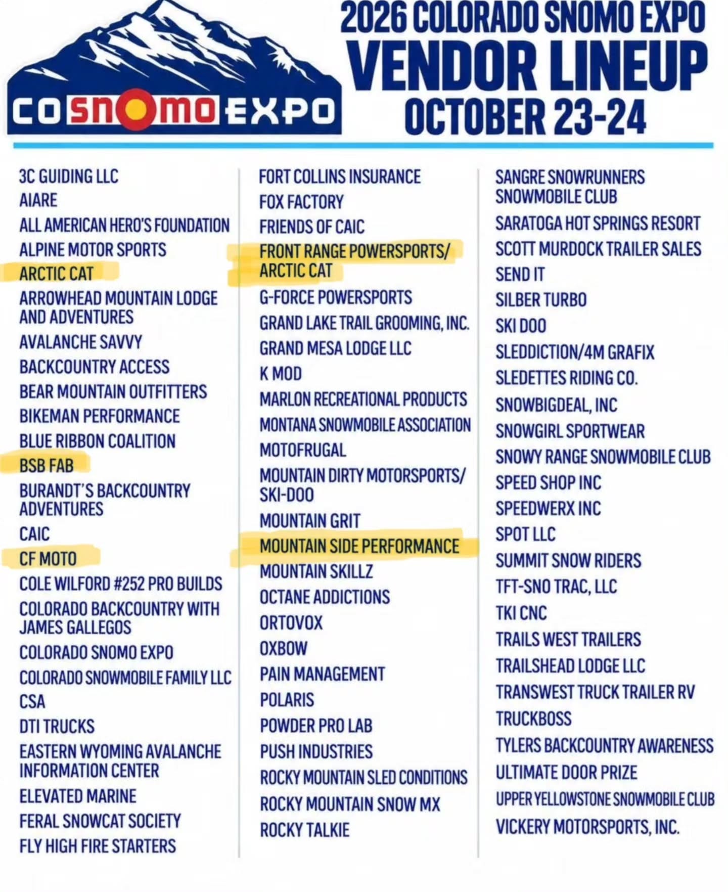 The Colorado SnoMo Expo is going to be 🔥 this year!
Make sure to stop by
 @front_range_powersports and see the 2027 Arctic Cats
@mountainsideperformance for all your aftermarket needs.
And 
@bsb_fab for the best bumpers around!