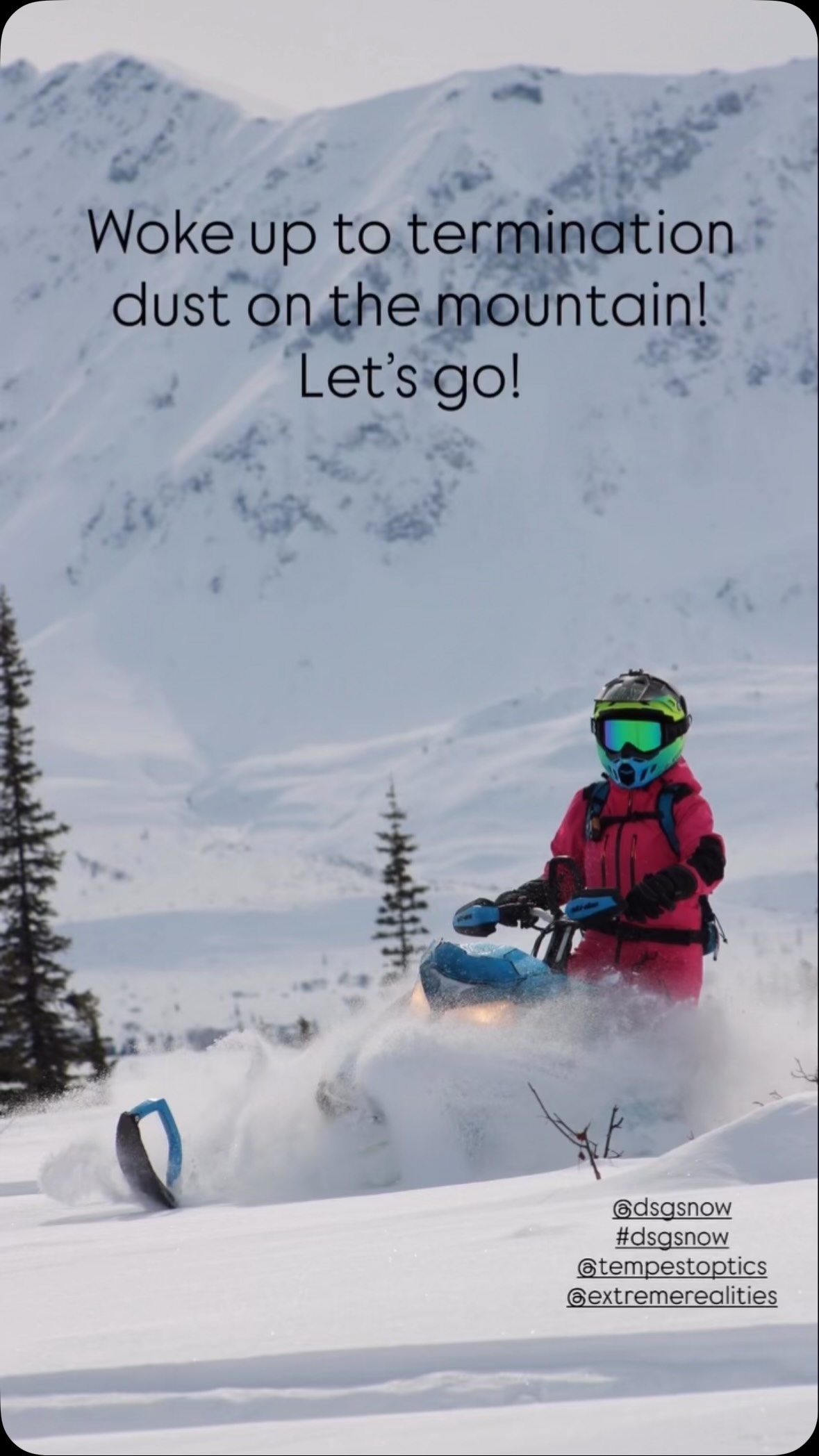 Woke up to termination dust on the mountain. Let’s go! @dsgsnow #dsgsnow #doingsomethinggreat @tempestoptics @extremerealities