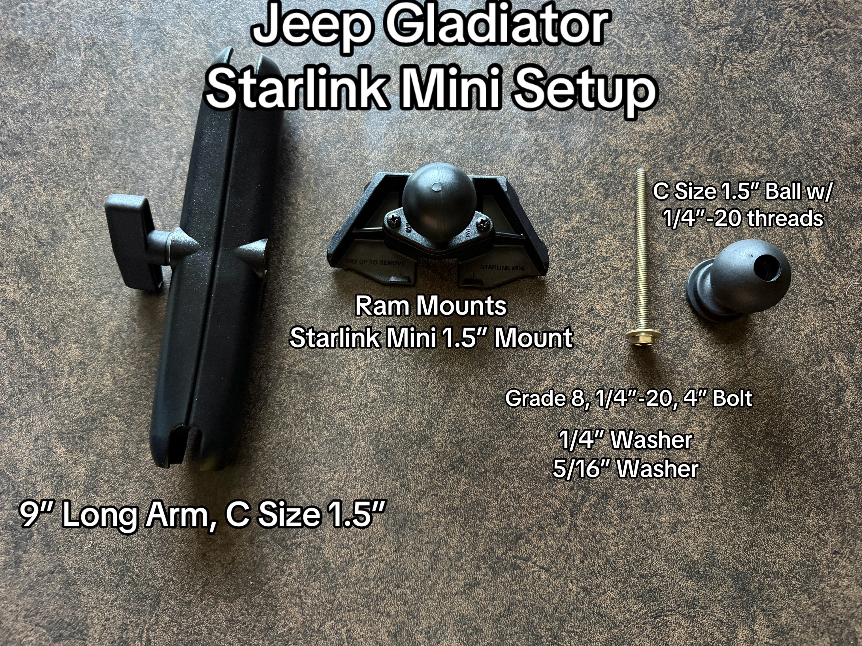 I used a 9” Long Arm for 1.5” C Size balls, a 1.5” female threaded ball with 1/4”-20 threads, Ram Mounts Starlink Mini Mount, a grade 8 1/4”-20 4” long bold, a 1/4” washer, and a 5/16” washer to install it. Thanks for watching! #jeep #starlink #offroad 