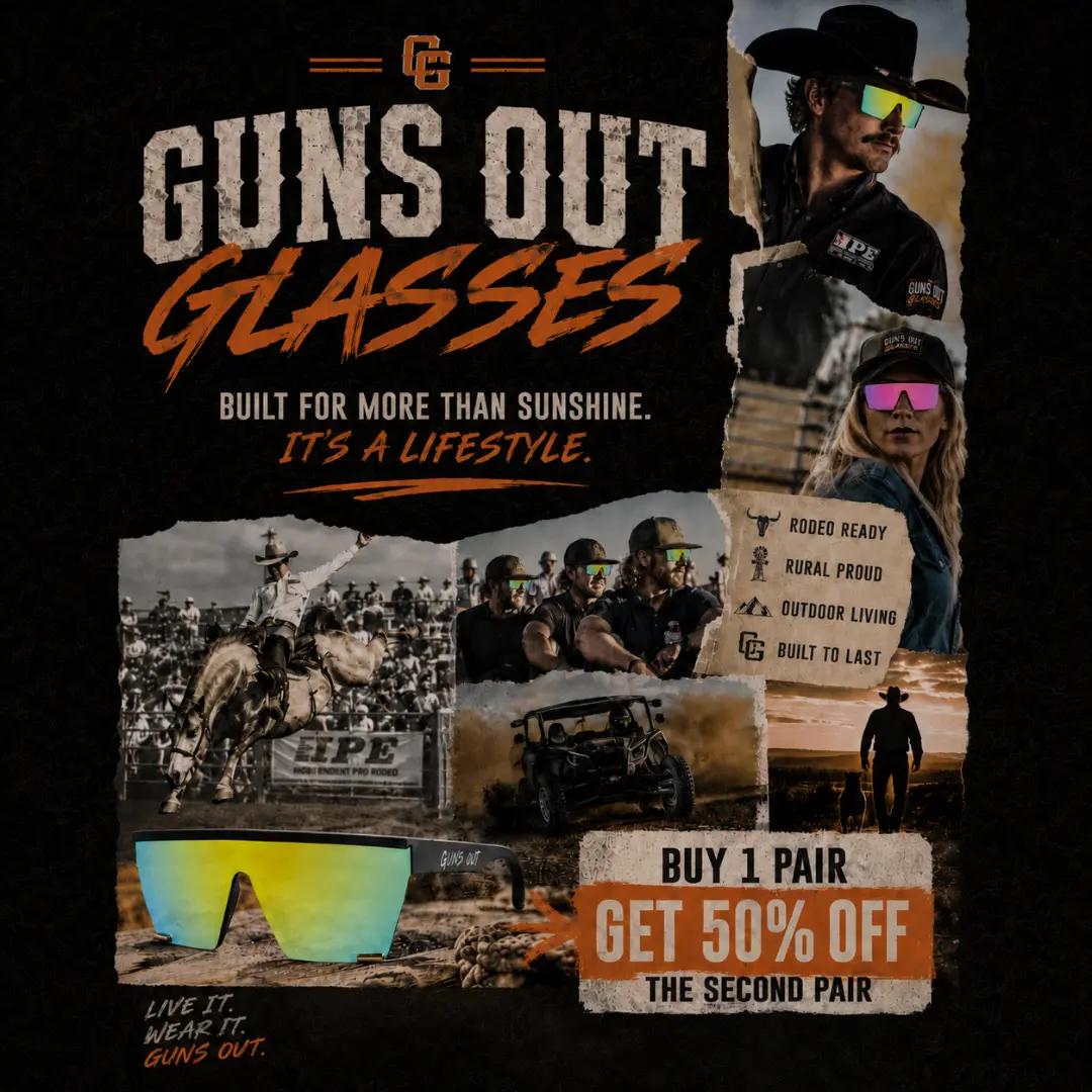 We Here!!!  @armstrong_ipe  And we brought the heat with this exclusive sale!  Buy 1 pair get the second pair 50% off!!  We are inside the trade show building. Booth 18 come see us!  #Ipe #CowboyStyle #GetYourGunsOut #GunsOutGlasses #CowboyUp Www.GunsOutGlasses.com 