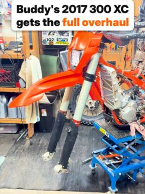 Buddy's 2017 300 XC is in the shop. Cone valve forks, bearings, carb, chain and sprockets. Follow along for the finished build. #300xc #ktm #2stroke #bikebuild #enduro #garagelife